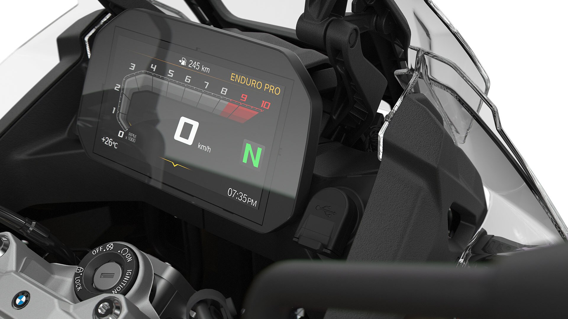 Vidimo podesivo vjetrobransko staklo i USB priključak za punjenje F 850 GS Adventure.