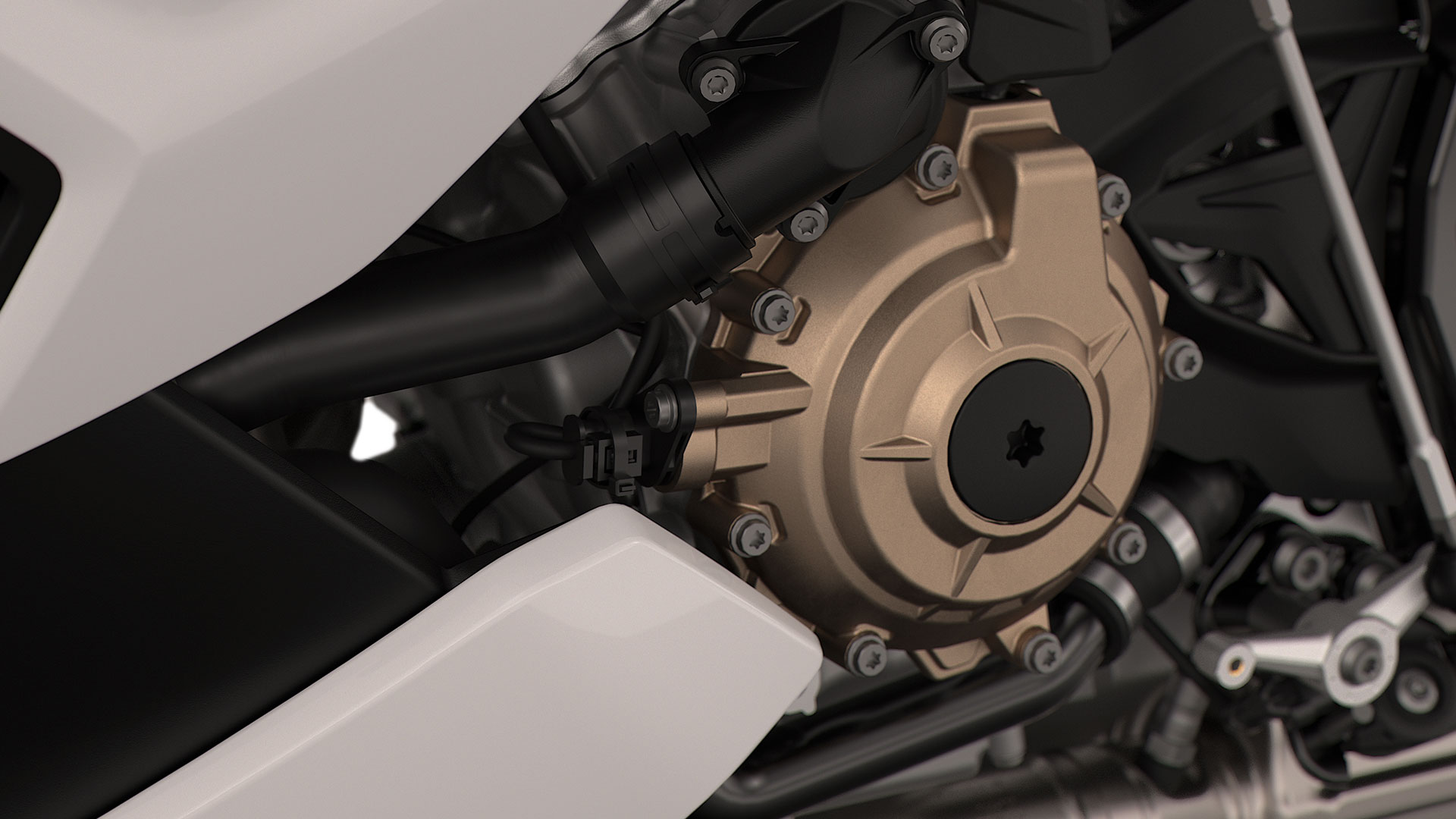 We see the engine of the S 1000 R in detail.