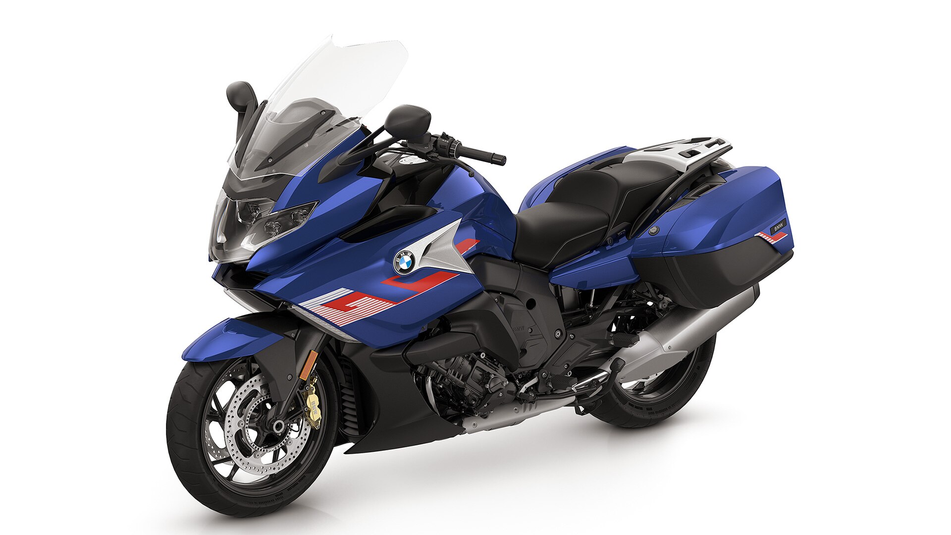 K 1600 GT in Light white/Racing blue metallic/Racing red.